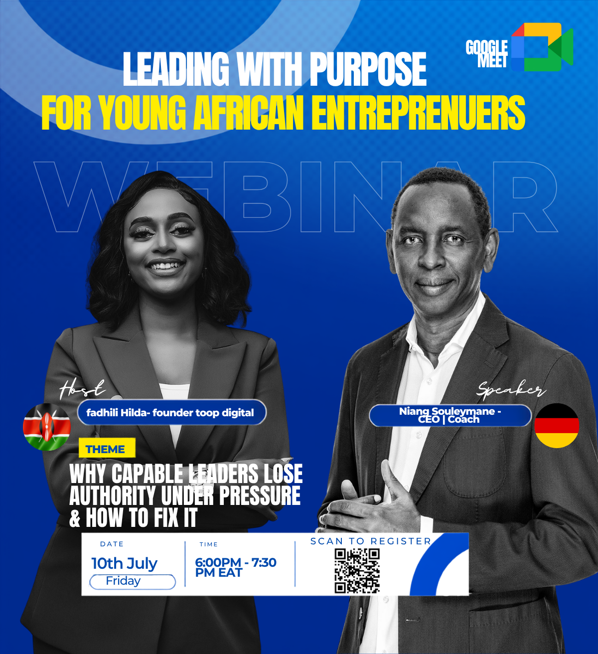 Leading With Purpose webinar flyer featuring host Fadhili Hilda and speaker Niang Souleymane
