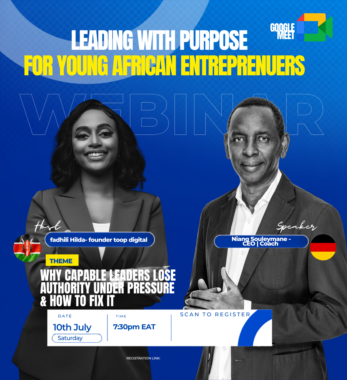 Leading With Purpose webinar flyer featuring host Fadhili Hilda and speaker Niang Souleymane